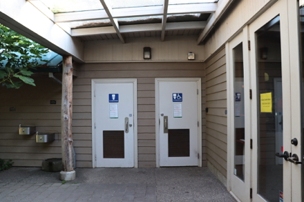 Two gender-neutral restrooms – one accessible – two-level drinking fountains – dog bowl